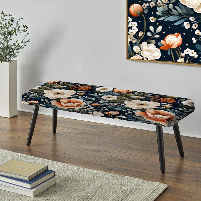 White And Blue Magnolias Floral Pattern Floral Upholstered Black Bench